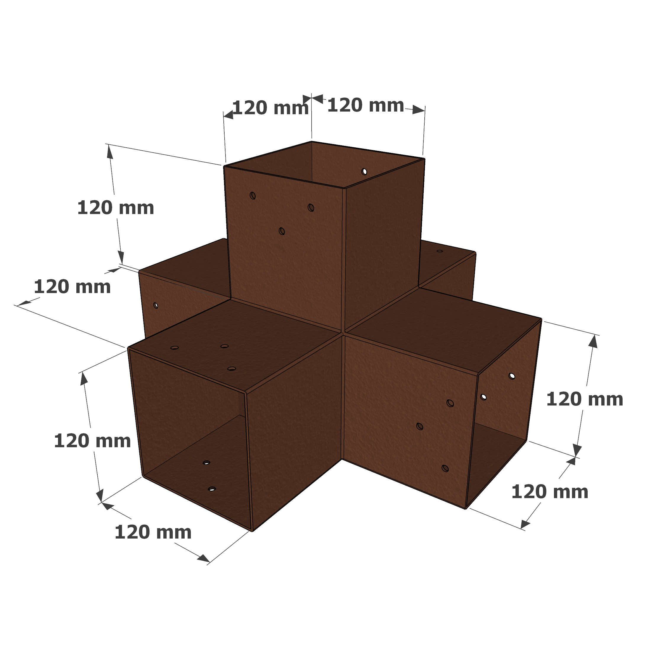 Dimensions du connecteur SUNDIY Oxyde de mars RAL8011 - 120mm à 5 directions - Forme +